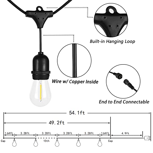 Sports Festival 54 FT Patio String Lights with Shatterproof Plastic S14 LED Bulbs 15 Sockets UL Listed Heavy-Duty Commercial Grade Outdoor String Lights for Porch Garden Yard - Warm White