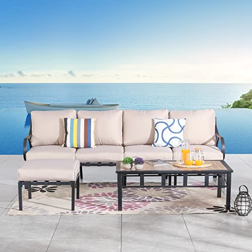 Festival Depot 6 Pieces Patio Conversation Set Sectional Chairs Ottoman with Cushions and Coffee Table All Weather Metal Outdoor Furniture for Deck Poolside, Beige