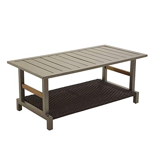 Festival Depot Patio Coffee Table Rectangle Dining Table Metal Slatted Top Table with Wicker Rattan Storage Shelf Outdoor Furniture for Garden Yard, Grey