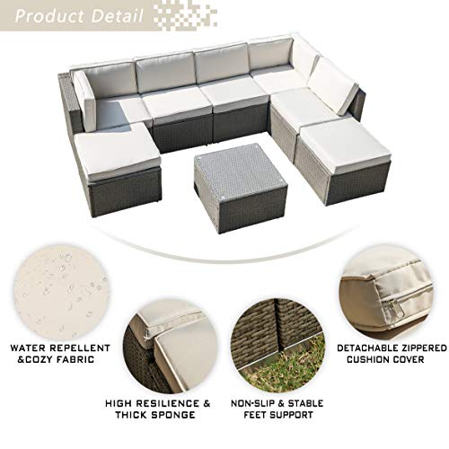 Festival Depot 8pcs Patio Furniture Outdoor Conversation Set Sectional Wicker Sofa with Removable Seat Cushions and Coffee Table with Tempered Glass for Porch Deck Garden Lawn Balcony,Beige and Grey