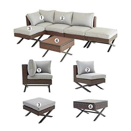 Festival Depot 6pcs Outdoor Furniture Patio Conversation Set Sectional Corner Sofa Chairs with X Shaped Metal Leg All Weather Brown Rattan Wicker Ottoman Side Coffee Table with Grey Seat Back Cushions