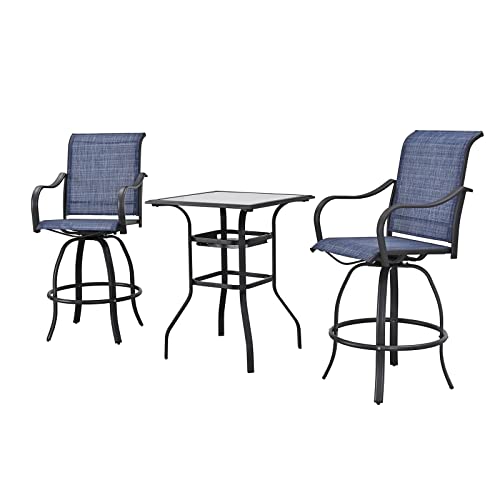 Festival Depot 3 Pcs Patio Bistro Set High Stools Outdoor Furniture with 360å¡ Swivel Armrest Chairs, Tempered Glass Desktop Coffee Table, Metal Frame for Deck Poolside Garden Porch