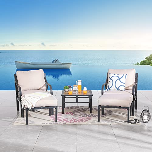 Festival Depot 5pcs Patio Bistro Set Metal Armchairs Ottomans with Cushions and Side Table All Weather Outdoor Furniture for Garden Balcony, Beige