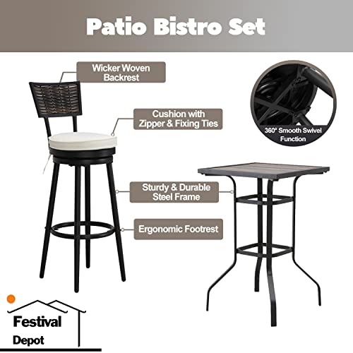 Festival Depot 3 Pcs Patio Bar Set Bistro Height Set, 360å¡ Woven Wicke Swivel Chairs and Bar Height Table with DPC Desktop Wood Grain Desktop Outdoor Furniture for Garden Poolside Deck Porch (Beige)