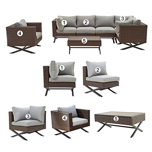 Festival Depot 7pcs Outdoor Furniture Patio Conversation Set Sectional Corner Sofa Chairs with X Shaped Metal Leg All Weather Brown Rattan Wicker Rectangle Coffee Table with Grey Seat Back Cushions