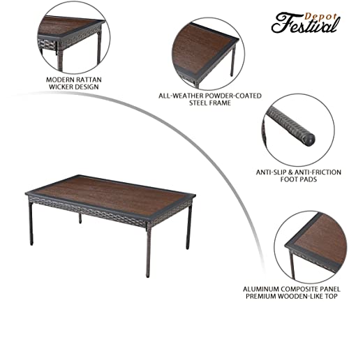 Festival Depot Patio Wicker Coffee Table, All-Weather Rattan Square Dining Table with Metal Steel Frame Wooden-Like Top Outdoor Sectional Furniture for Garden Pool Backyard Lawn (Rectangle)