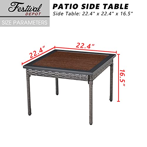 Festival Depot Patio Wicker Side Table, All-Weather Rattan Square Coffee Table with Metal Steel Frame Wooden-Like End Table Top Outdoor Sectional Furniture for Garden Pool Backyard Lawn