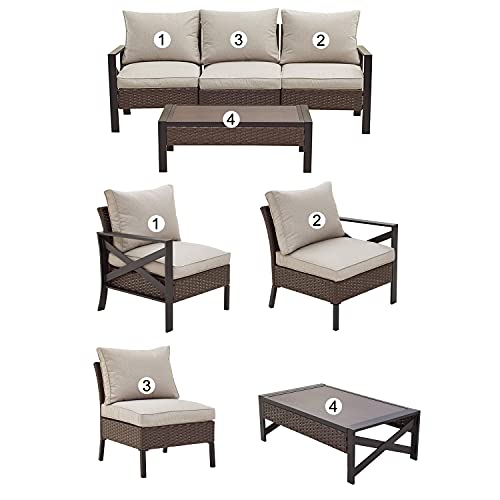 Festival Depot 4 Pieces Patio Furniture Set All-Weather Rattan Wicker Metal Frame Sofa Chair Outdoor Conversation Set Sectional Armrest Couch with Cushions and Coffee Table for Deck Poolside