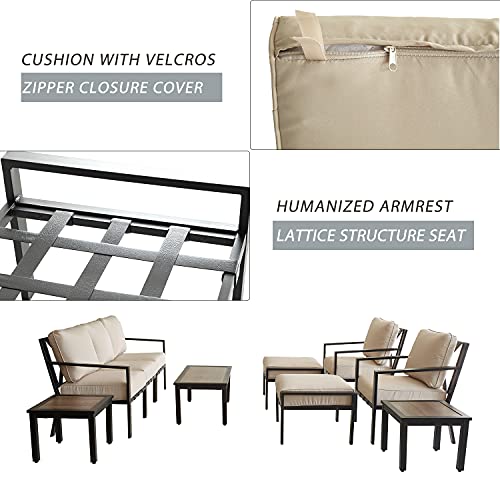 Festival Depot 10-Pieces Patio Outdoor Furniture Conversation Sets Loveseat Sectional Sofa, All-Weather Black X Slatted Back Chair with Coffee Table and Thick Removable Couch Cushions (Beige)