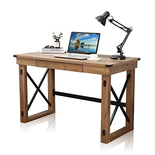 Festival Depot 47.5" Writing Computer Desk Large Home Office Desk in Industrial Style with Pull-Out Keyboard Tray Black Metal and Wood Appearance Laptop Table for Game Study