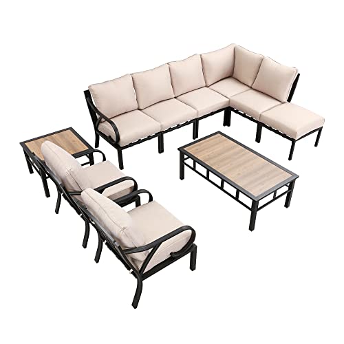 Festival Depot 10 Pieces Patio Conversation Set Sectional Sofa Corner Armchair Ottoman with Thick Cushions and Side Coffee Table All Weather Metal Outdoor Furniture for Deck Garden, Beige