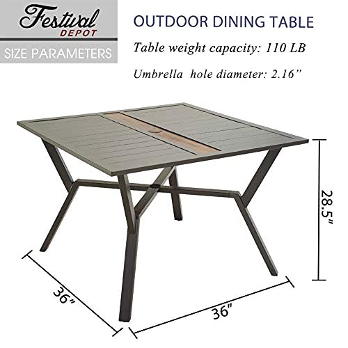 Festival Depot Outdoor Dining Table Square Patio Bistro Table with 2.16" Umbrella Hole Metal Side Coffee Table with Steel Legs,Black Grey (Square Dining Table)
