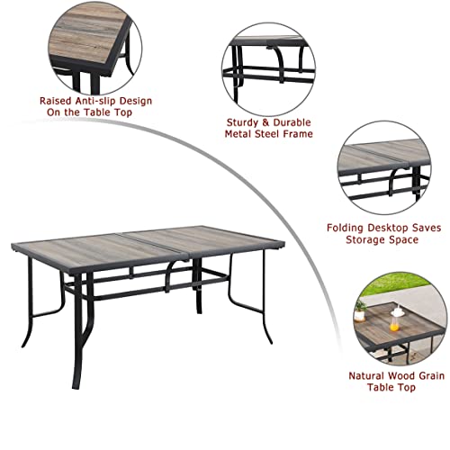 Sports Festival 63" x 35.4" x 28.7" Patio Outdoor Dining Rectangular Table with Folding Wooden Finish Table Top and Black Metal Frame for Lawn Backyard Garden Porch Deck Poolside