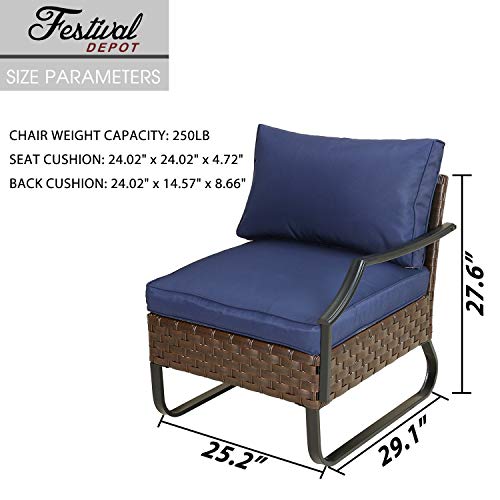Festival Depot Dining Outdoor Patio Bistro Furniture Left Armrest Section Chair with Curved Armrest Wicker Rattan Soft Cushion with Side U Shaped Slatted Steel Leg for Garden Yard Poolside All-Weather