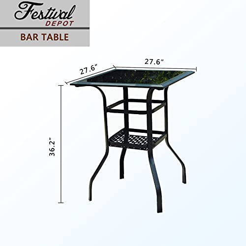 Festival Depot 3 Pcs Patio Bistro Set High Stools Outdoor Furniture with 360å¡ Swivel Armrest Chairs, Tempered Glass Desktop Coffee Table, Metal Frame for Deck Poolside Garden Porch