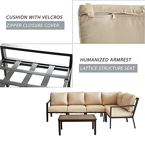 Festival Depot 6 Pieces Patio Furniture Set All-Weather Polyester Fabrics Metal Frame Sofa Outdoor Conversation Set Sectional Corner Couch with Cushions & Coffee Table for Deck Poolside Balcony(Beige)