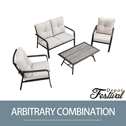 Festival Depot 4 Pcs Patio Bistro Sets Outdoor Arbitrary Combination Conversation Furniture with 1 Loveseat 2 Dining Armchairs and 1 Coffee Table for Bar Indoor Home Garden Pool Porch (Beige)