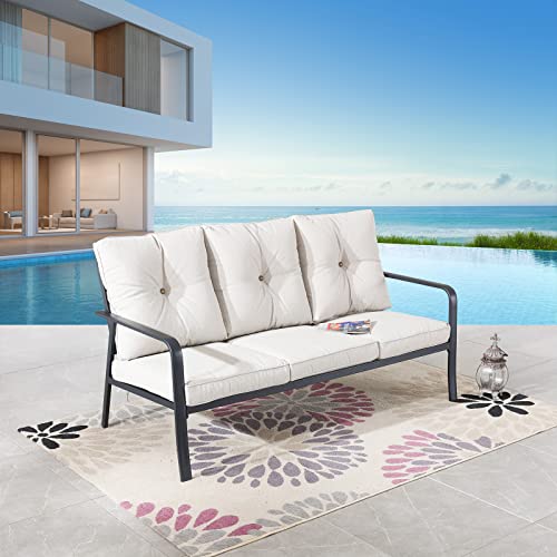 Festival Depot 1 Piece Patio 3-Seats Sofa Outdoor Furniture, All-Weather Loveseat with Curved Armrest, Metal Steel Frame and Detachable Seat & Back Cushion for Porch Balcony Deck Poolside, Beige