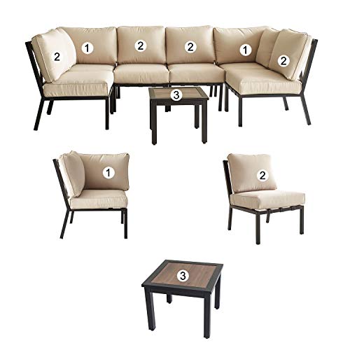Festival Depot 7-Pieces Patio Conversation Sets Outdoor Furniture Sectional Corner Sofa, All-Weather Black Slatted Back Chairs with Coffee Table and Thick Soft Removable Couch Cushions (Beige)
