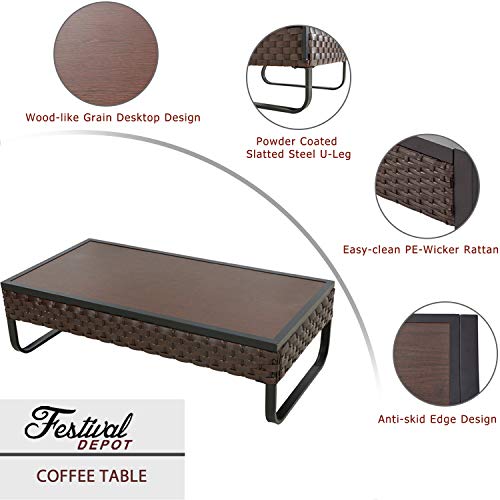 Festival Depot Patio Coffee Table Rectangle Wicker Rattan Table with Wood Grain Desktop and U Shaped Legs All Weather Outdoor Furniture for Garden Bistro 47.2"(L) x 23.6"(W) x 13.7"(H)
