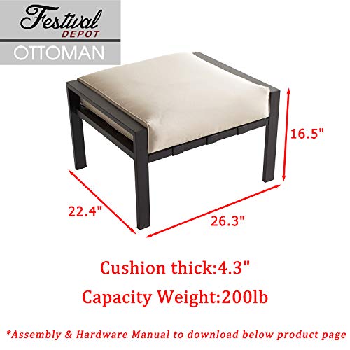 Festival Depot Dining Outdoor Patio Bistro Furniture Ottoman Footstool with Slatted Steel Frame Legs with Embed Premium Fabric Soft & Comfortable 4.3" Cushion Foot Rest for Garden Yard All-Weather