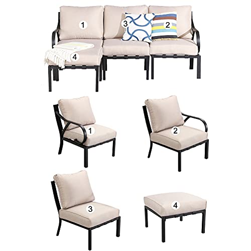 Festival Depot 4 Pieces Patio Conversation Set Sectional Chair Ottoman with Thick Cushions All Weather Metal Outdoor Furniture for Deck Balcony, Beige