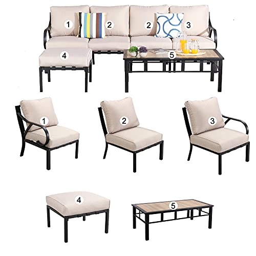 Festival Depot 6 Pieces Patio Conversation Set Sectional Chairs Ottoman with Cushions and Coffee Table All Weather Metal Outdoor Furniture for Deck Poolside, Beige