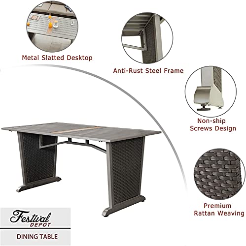 Festival Depot Patio Dining Table Rectangle Wicker Table in Metal Frame with Woven Rattan Outdoor Furniture for Deck Garden Poolside