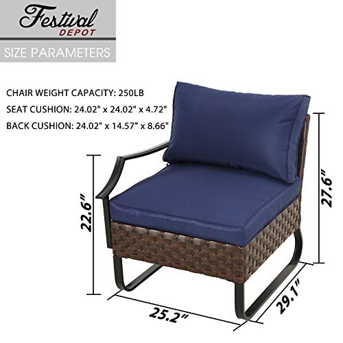 Festival Depot Dining Outdoor Patio Bistro Furniture Right Armrest Section Chair with Curved Armrest Wicker Rattan Cushion with Side U Shaped Slatted Steel Leg for Garden Yard Poolside All-Weather