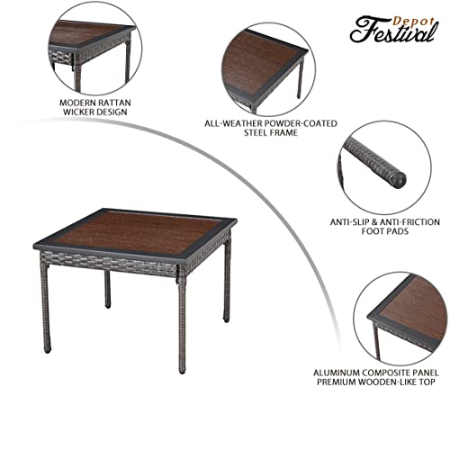 Festival Depot Patio Wicker Side Table, All-Weather Rattan Square Coffee Table with Metal Steel Frame Wooden-Like End Table Top Outdoor Sectional Furniture for Garden Pool Backyard Lawn