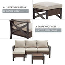 Festival Depot 5 Pieces Patio Conversation Set Outdoor Furniture Sectional Sofa with All-Weather Brown PE Rattan Wicker Back Chair, Coffee Table, Ottoman and Thick Soft Removable Couch Cushions