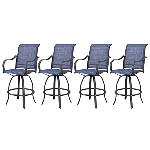 Festival Depot 4Pcs Patio Bistro Set High Back 360° Swivel Chairs with Textilene Fabric and Curved Armrest Bar Height Stools All Weather Metal Outdoor Furniture for Deck Lawn Garden, Blue
