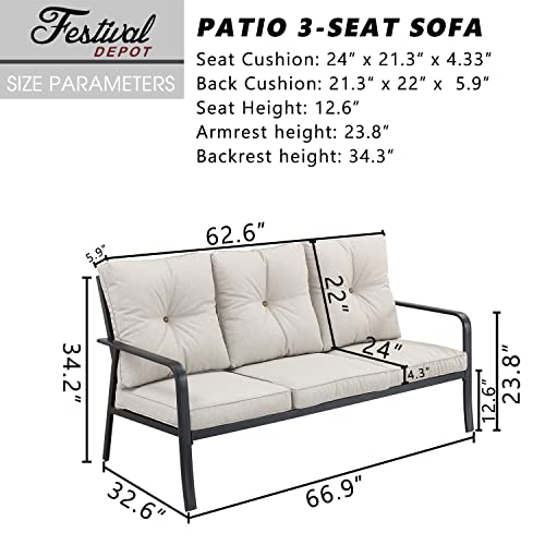 Festival Depot 1 Piece Patio 3-Seats Sofa Outdoor Furniture, All-Weather Loveseat with Curved Armrest, Metal Steel Frame and Detachable Seat & Back Cushion for Porch Balcony Deck Poolside, Beige