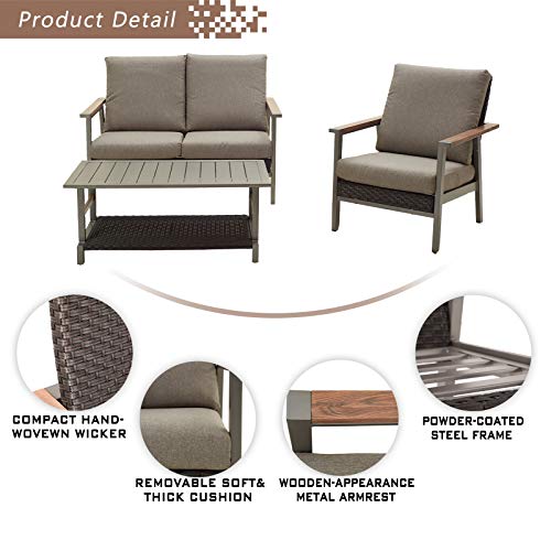 Festival Depot 3pcs Patio Conversation Set All Weather Wicker Chair Rattan Loveseat with Grey Thick Cushions and Coffee Table in Metal Frame Outdoor Furniture for Deck Yard