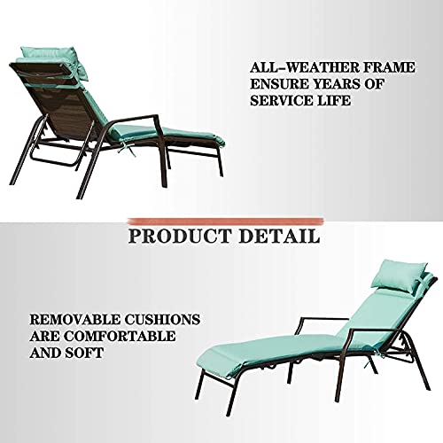 Festival Depot 3Pcs Patio Chair Set of 2 Adjustable Chaise Lounges with with Removable Cushions Pillows and Side Table Outdoor Furniture for Poolside Garden, Light Blue