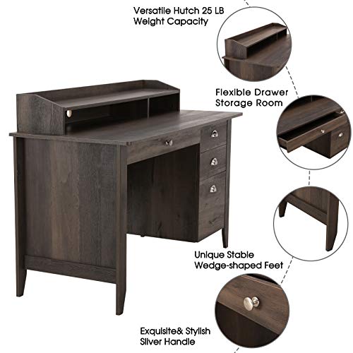 Festival Depot 53" Home Office Desk Writing Computer Desk Vintage Wood Style Laptop Table with Hutch and Sliding Track Drawers for Study Bedroom Workstation