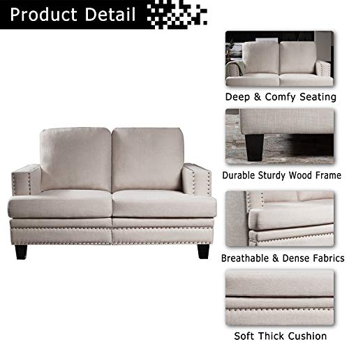 Festival Depot 1 Piece Indoor Modern Fabric Furniture Accent Arm Sofa Loveseat for Living Room Bedroom with Thick Cushion and Deep Seat, 52.7" x 31.5" x 35"