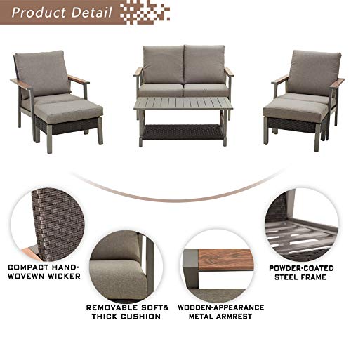 Festival Depot 6pcs Outdoor Furniture Patio Conversation Set Metal Armchair All Weather Rattan Wicker Ottoman Loveseat with Grey Thick Seat Back Cushions and Coffee Table