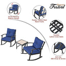 Festival Depot 3-Piece Patio Bistro Set Conversation Set Rocking Chair Set with Side Coffee Table Outdoor Furniture with Hand-Woven Textilene Rope Backrest (Black Metal Frame with Blue Cushion)