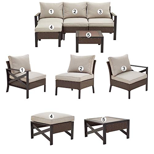 Festival Depot 5 Pieces Patio Conversation Set Outdoor Furniture Sectional Sofa with All-Weather Brown PE Rattan Wicker Back Chair, Coffee Table, Ottoman and Thick Soft Removable Couch Cushions