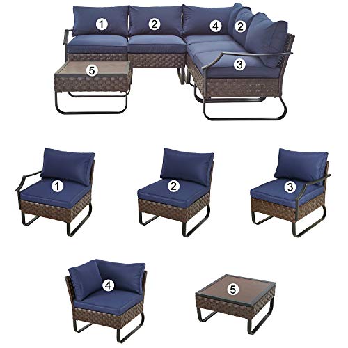 Festival Depot 6 Pieces Patio Conversation Sets Outdoor Furniture Sectional Corner Sofa with All-Weather PE Rattan Wicker Back Chair, Coffee Side Table and Soft Removable Couch Cushions (Blue)