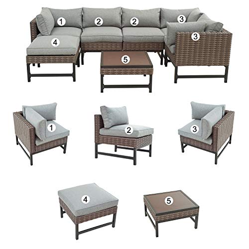 Festival Depot 7 Pieces Patio Outdoor Furniture Conversation Sets Sectional Corner Sofa with Wicker Chairs, Ottoman, Coffee Table and Comfy Thick Seat Cushions(Grey)