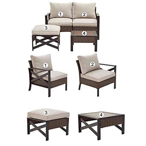 Festival Depot 4 Pieces Patio Furniture Set All-Weather Rattan Wicker Metal Frame Sofa Chair Outdoor Conversation Set Sectional Corner Couch with Cushions and Coffee Table for Deck Poolside