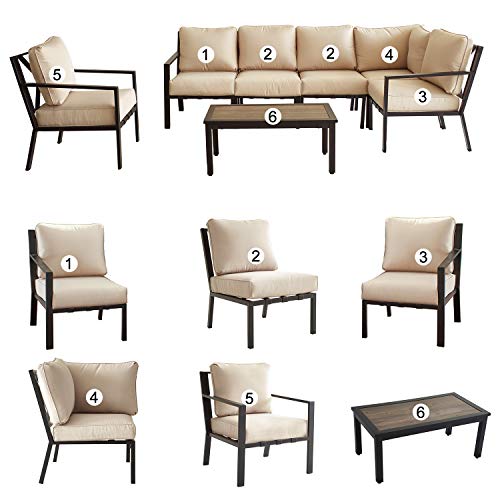 Festival Depot 7-Pieces Patio Outdoor Furniture Conversation Sets Sectional Corner Sofa, All-Weather Black X Shaped Slatted Back Chairs with Coffee Table and Removable Thick Soft Couch Cushions(Beige)