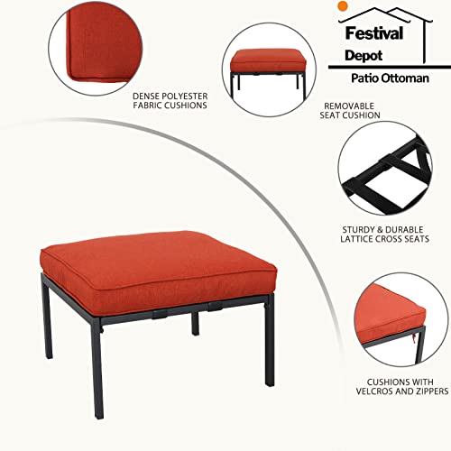 Festival Depot Patio Ottoman with Metal Footstool Thick Cushion All Weather Sectional Conversation Furniture for Backyard Pool Deck Garden (Red)