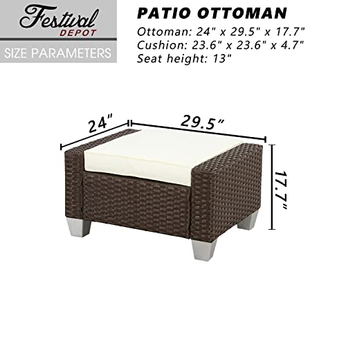 Festival Depot Patio Rattan Wicker Ottoman Outdoor Square Footrest with Removable Cushion Metal Frame Footstool All Weather Waterproof Furniture for Garden Yard Lawn (Beige), B-PF19009