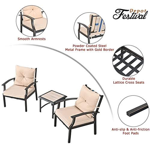 Festival Depot 3-Piece Patio Bistro Set Conversation Set Armchair Set with Side Coffee Table Outdoor Furniture with Hand-Woven Textilene Rope Backrest (Black Metal Frame with Beige Cushion)