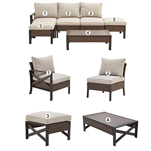 Festival Depot 6 Pcs Patio Outdoor Furniture Conversation Set Sectional Sofa with All-Weather Brown PE Rattan Wicker Back Chair, Coffee Table, Ottoman and Soft Thick Removable Couch Cushions