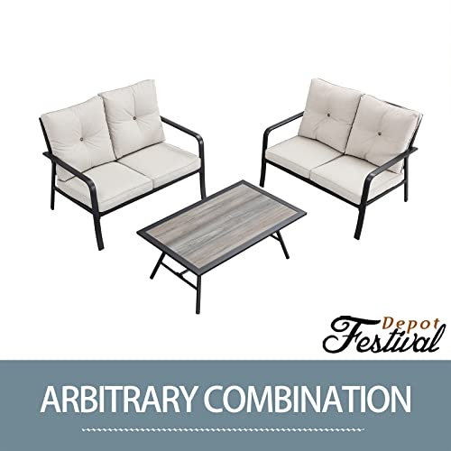 Festival Depot 3 Pcs Patio Bistro Sets Outdoor Arbitrary Combination Conversation Furniture with 2 Loveseat and 1 Coffee Table for Bar Indoor Home Garden Pool Porch (Beige)