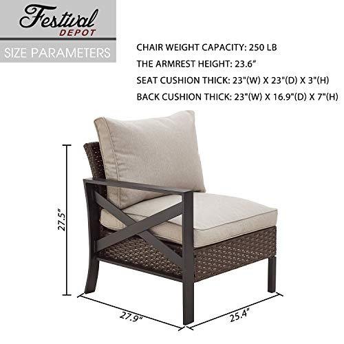 Festival Depot Outdoor Patio Bistro Dining Chair Right Armrest Sofa with X-Shaped Armrest Chair Wicker Rattan with Thick Soft Cushion with Steel Frames for Garden Yard Poolside